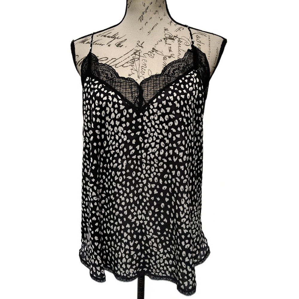 Love Stitch Heart Leopard Print Lace Trim Cami Slip Top Large Black White Boho